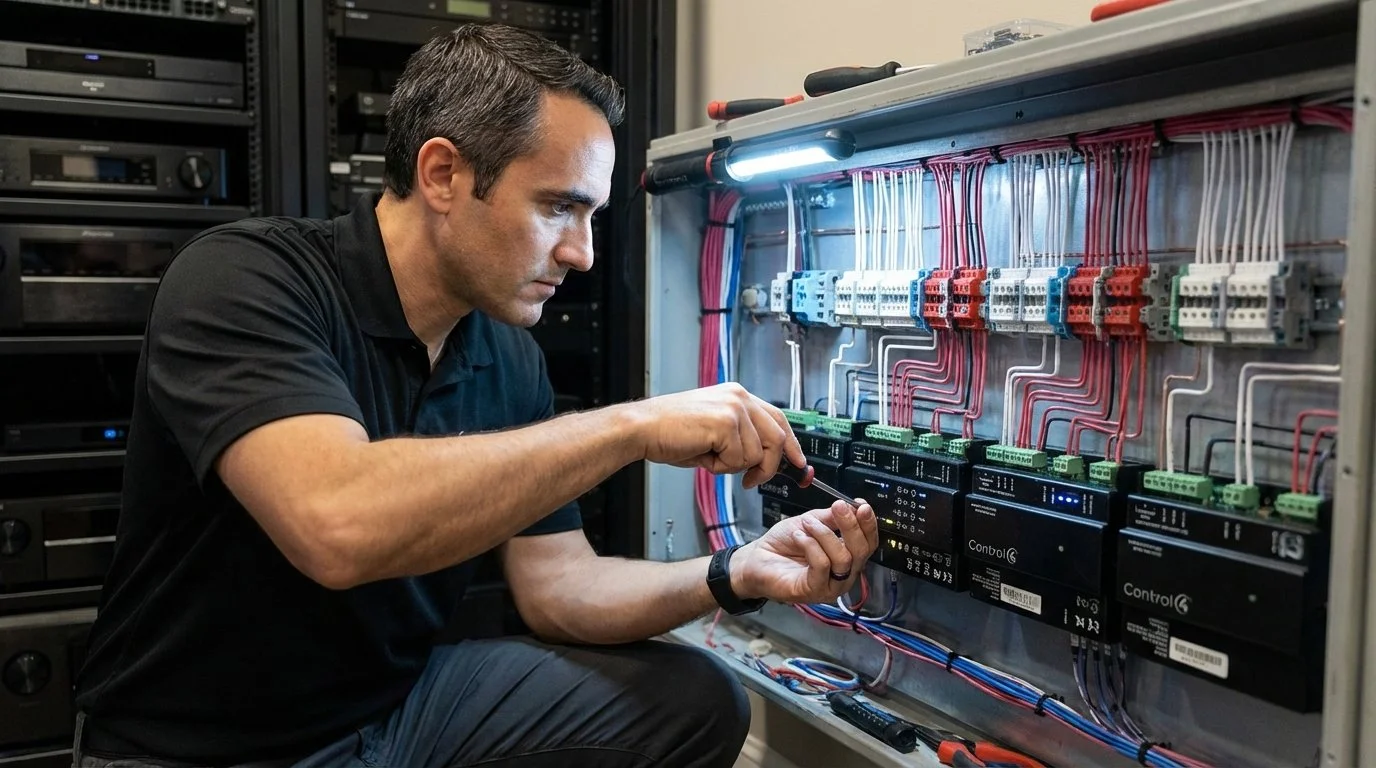 A man working on electrical control systems inside an electrical panel, using a screwdriver.