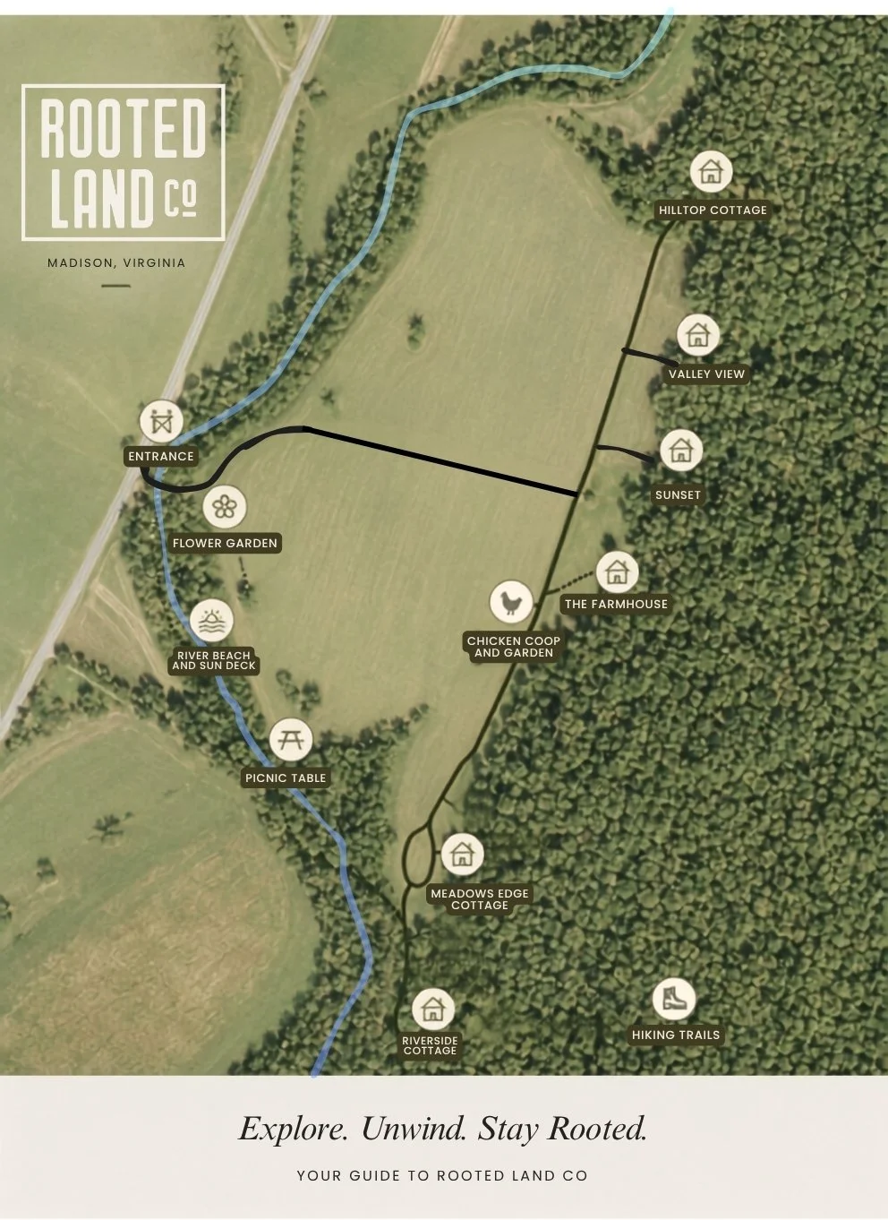 Map of Rooted Land Co in Madison, Virginia, showing trails, cottages, gardens, and points of interest with labels for each location.