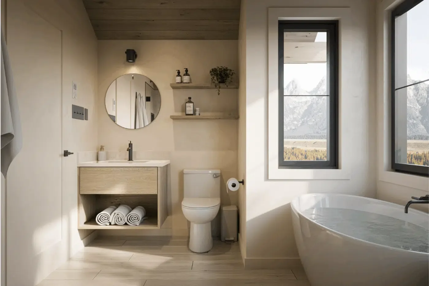 Modern bathroom with a freestanding bathtub, a vanity with a sink, round mirror, toilet, and opened windows showing mountain views.