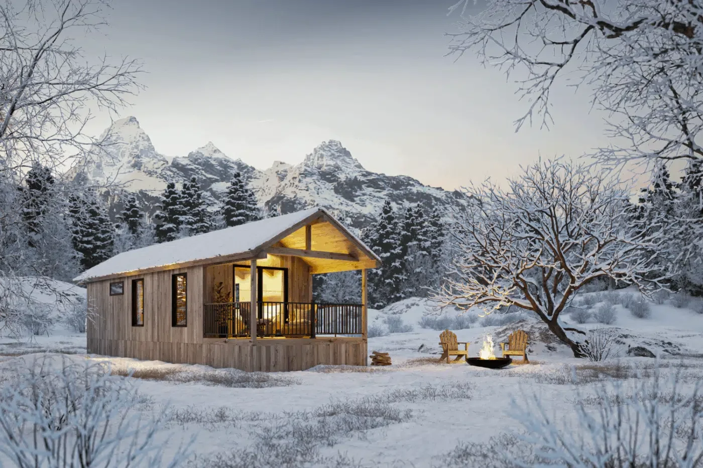 A cozy wooden cabin with a lit interior sitting in a snow-covered landscape, surrounded by leafless trees and distant snowy mountains at dusk.