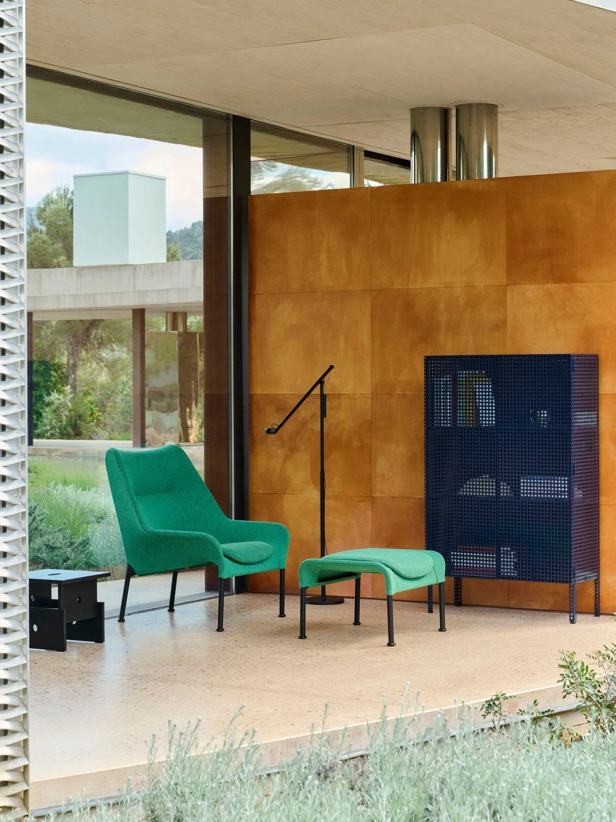 O2 Lounge Chair_O2 Ottoman Lift green w seat cushion Lift Soft green soft black base_Perforated Cabinet L steel blue.jpg