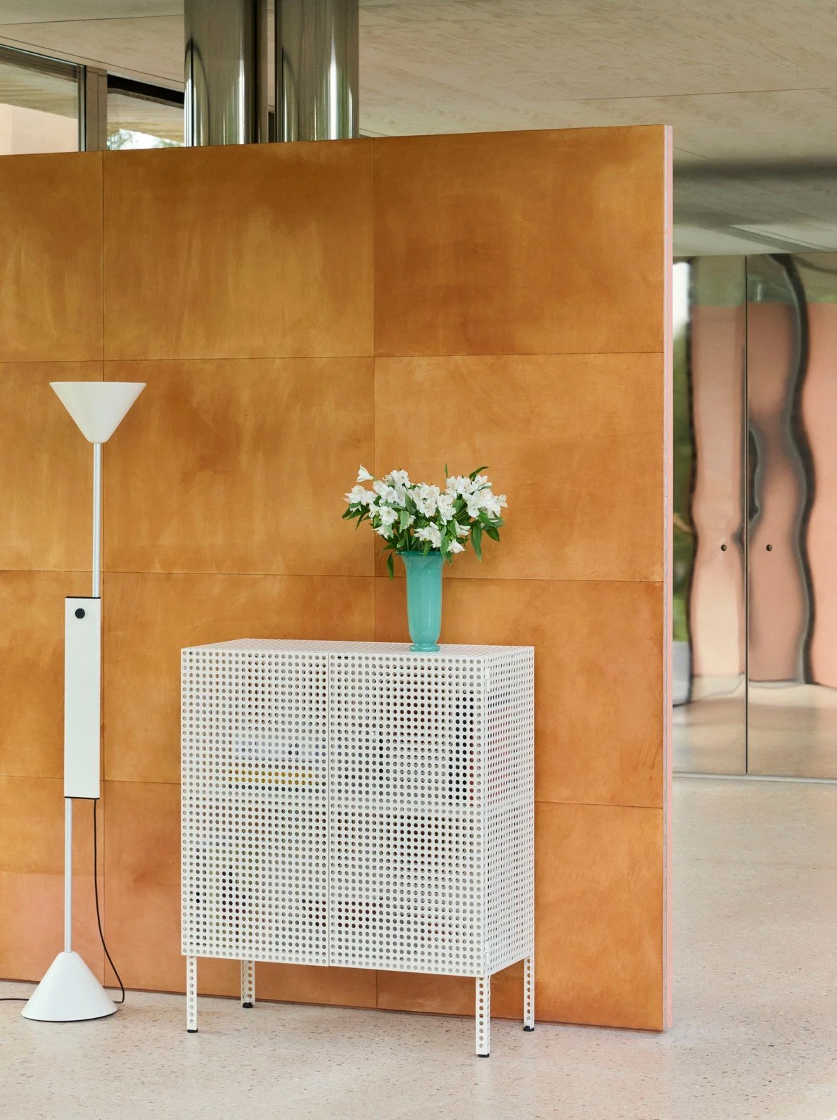 Perforated Cabinet M Eggshell_Twist Floor Lamp cream white_Empire Vase L green with dark green rim.jpg