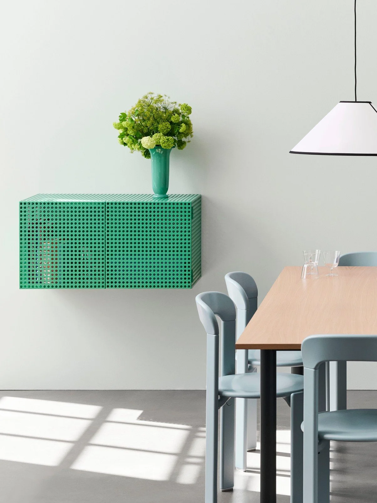 Perforated Cabinet Wall S soft jade_Rey Chair slate blue_Ava Cone Pendant 600 white_Annex Table Overhang charcoal alu wb lacquered oak tabletop.jpg