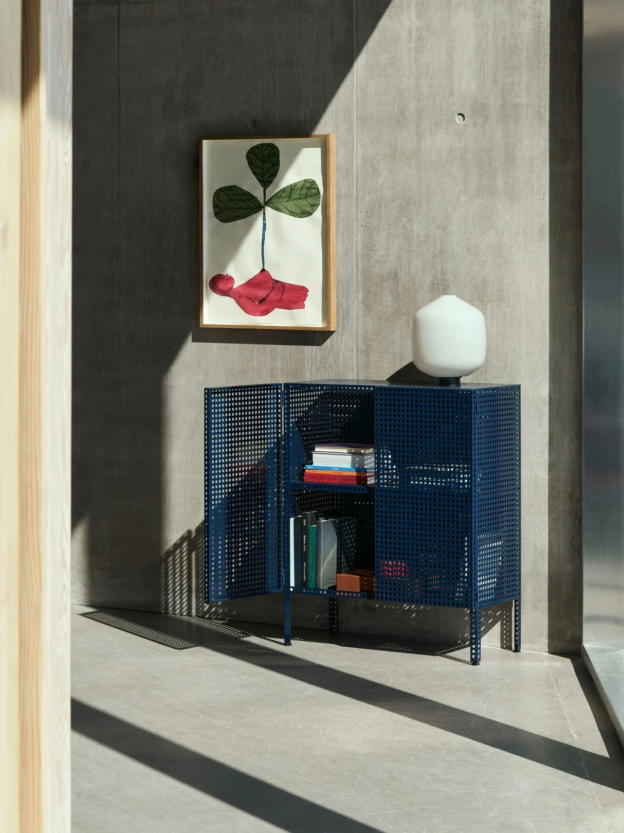 Perforated Cabinet Floor M steel blue_Aspekt Buoy Table Lamp glass 200 and soft black cord set.jpg