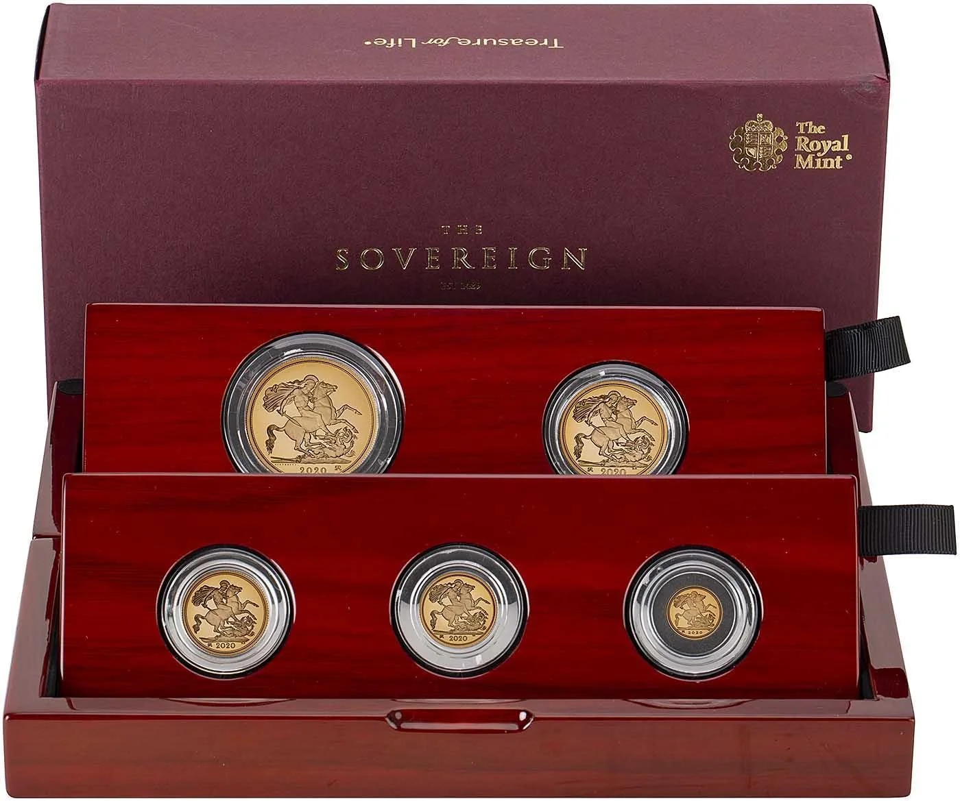 Presentation case containing a collection of encapsulated gold and silver coins.