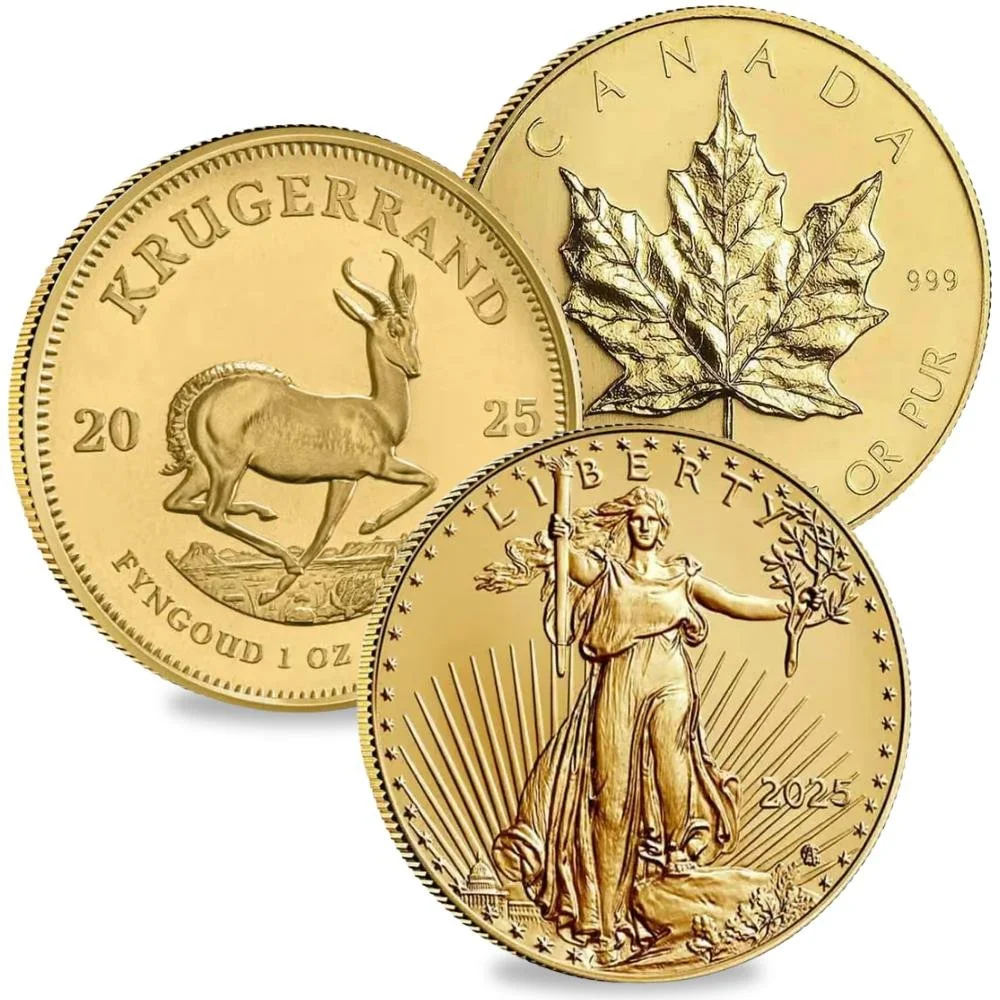 Collection of gold investment coins with Britannia-inspired and international designs.