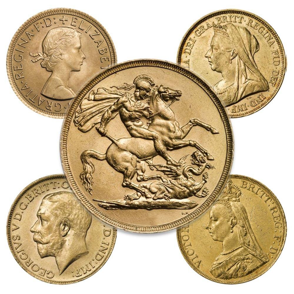 Selection of gold coins in different sizes with royal portraits and traditional designs.