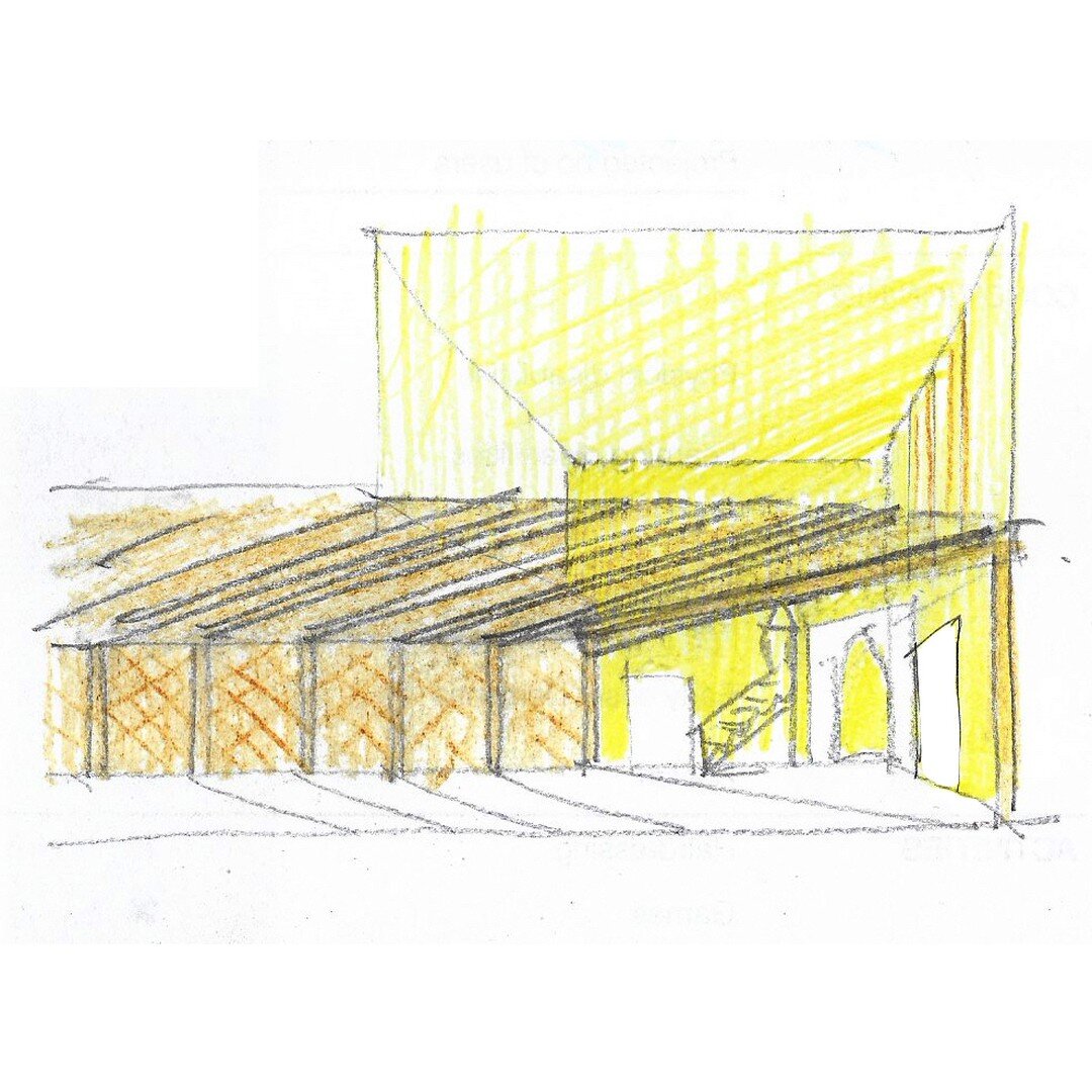 Prayer Hall: An early concept sketch for a mosque we are working on. A timber structure is aligned to the Qibla direction directing worshippers towards a golden double height volume containing the Mihrab and Minbar

#bradymallalieu #mosque #sacredspa