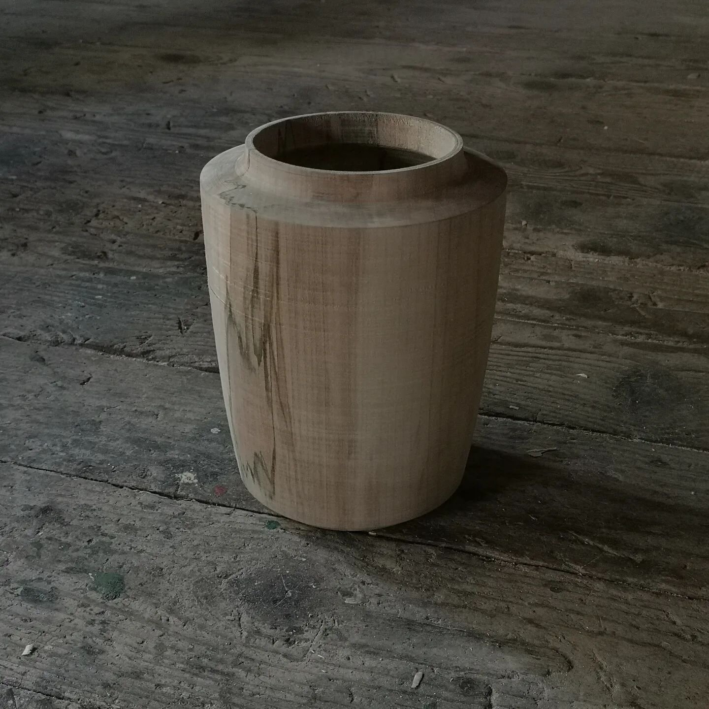 Lidded vessel in progress.

Pole lathe turned spalted sycamore.

175mm (D) x 240mm (H) 

Out of curiosity I weighed the sycamore before mounting it on the lathe. It was just shy of 7 kilos! It is by far the largest end grain vessel I've attempted so 