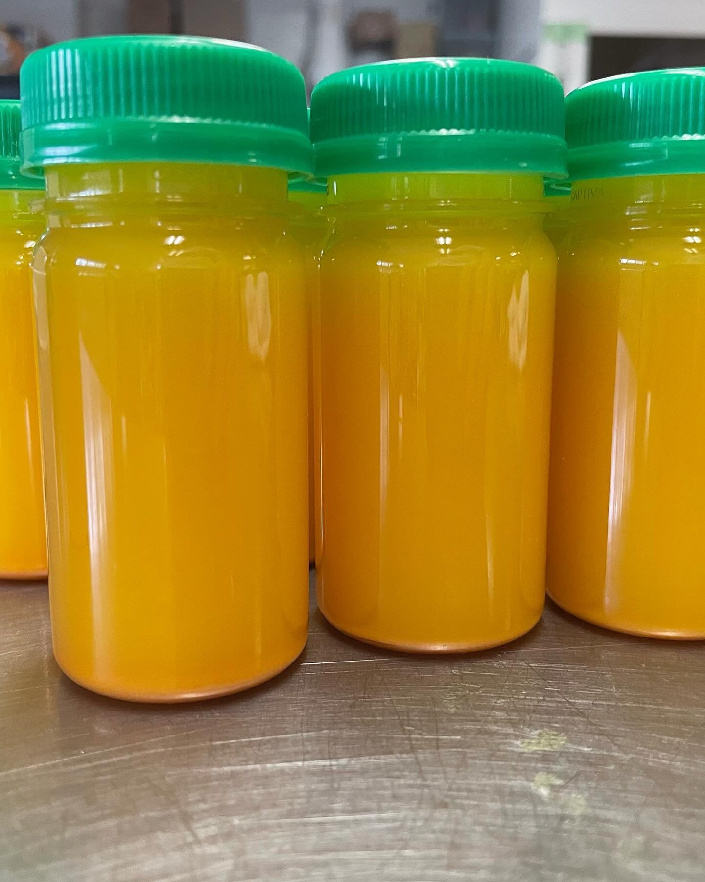 These are our 2.5-ounce juice shots (called The Shot) that we pack with orange, lemon, ginger, and turmeric! You can take them on-the-go or have one poured right at the market; great for boosting your immunity. Join us this Friday @eastashevillemarke