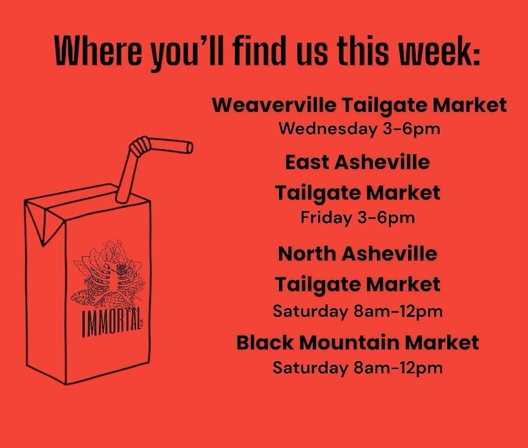 An updated schedule for this week! Come have some juice and enjoy all the amazing vendors 😊🧃

#farmersmarket #avl #organic #coldpressedjuice