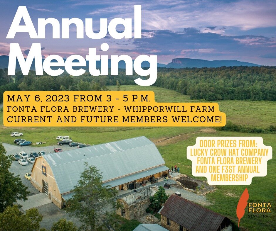 Join us on TOMORROW from 3 p.m. to 5 p.m. at Fonta Flora Brewery - Whippoorwill Farm for our annual meeting.

Membership expired?  Not a member?  No problem!  You can sign up on site!

*Attendees are entered to win door prizes automatically.  You do 