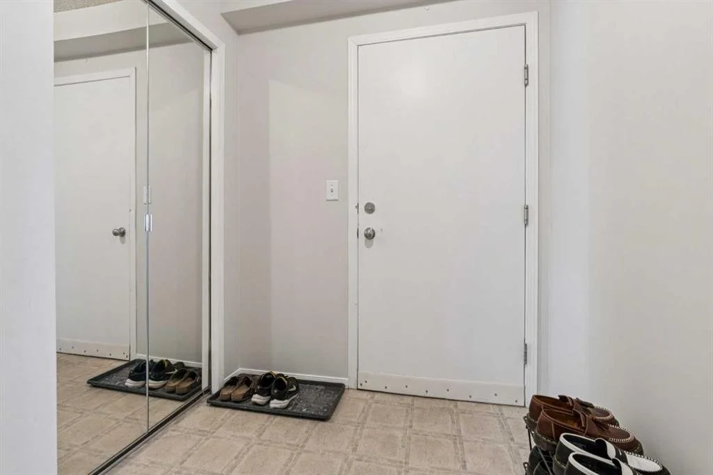 Entryway with a white door, a mirrored closet reflecting shoes on a mat, and a small pile of shoes at the bottom right corner.