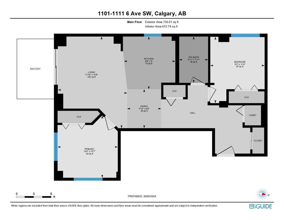 Floor plan of a house at 1101-1111 6 Ave SW, Calgary, AB. Shows rooms including a living room, kitchen, dining area, primary bedroom, second bedroom, bathrooms, laundry room, closets, hall, and balcony. Dimensions and areas are labeled for each room.