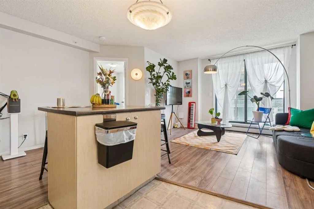 Open living room with a kitchen island, a TV, plants, a large window with sheer curtains, a sofa with colorful pillows, a coffee table, and artistic decor.