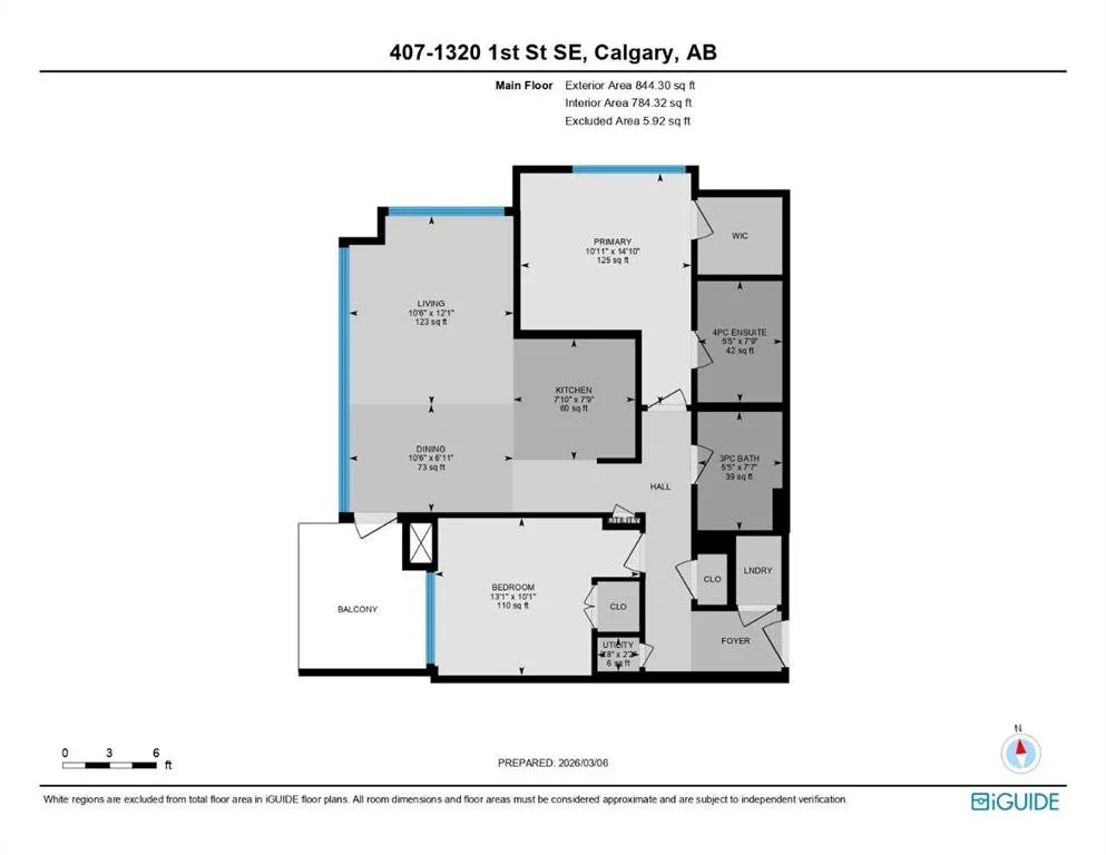 Floor plan of a Calgary apartment with labeled rooms including living room, dining room, kitchen, primary bedroom, bedroom, bathrooms, laundry, foyer, closet, and balcony.