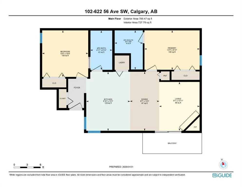 Floor plan of an apartment at 102-622 56 Ave SW in Calgary, AB, showing a foyer, kitchen, dining, living room, primary bedroom, second bedroom, bathroom, ensuite, laundry, closets, balcony, and fireplace.