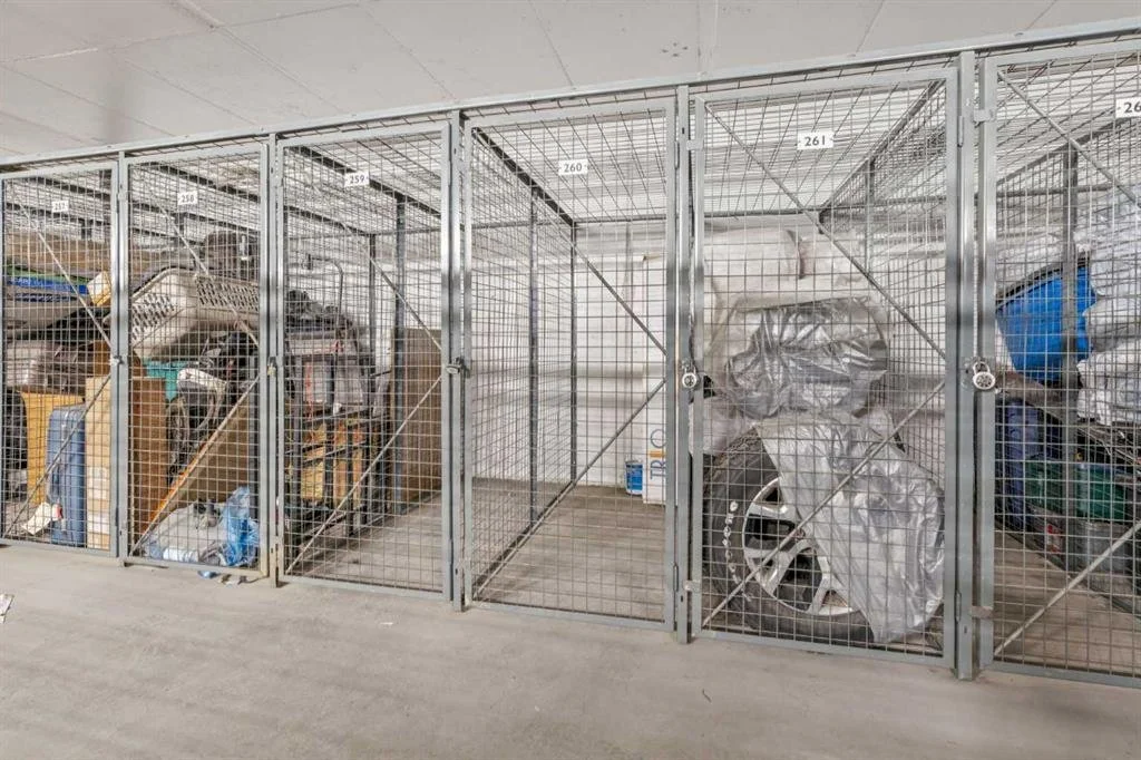 Multiple metal cages with various car parts and tools inside, possibly in a storage or workshop area.