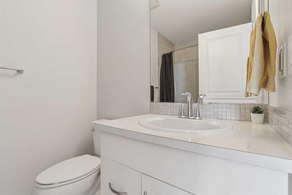 Bathroom with white walls, a toilet, a white vanity with a sink, a large mirror, a small potted plant, and a towel hanging on a hook.