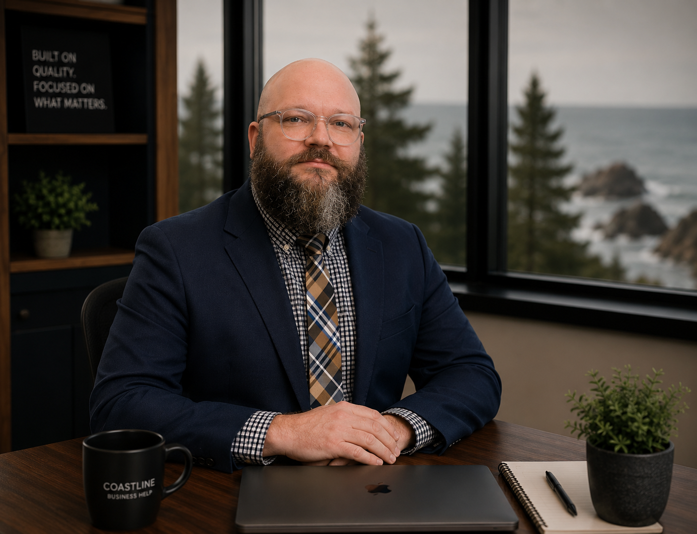 A man in a navy suit, checkered shirt, and plaid tie sitting at a wooden desk in an office with large windows showing trees and ocean background, with a black coffee mug, a closed laptop, a notepad, a pen, and a small potted plant on the desk.