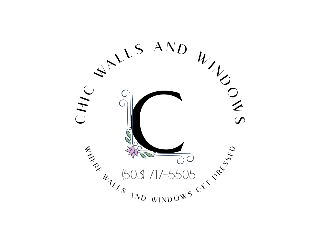 Logo for Chic Walls and Windows, featuring a large stylized letter C with floral design, surrounded by text that reads "Chic Walls and Windows," and the slogan "Where Walls and Windows Get Dressed." The phone number 503-717-5505 is displayed below.