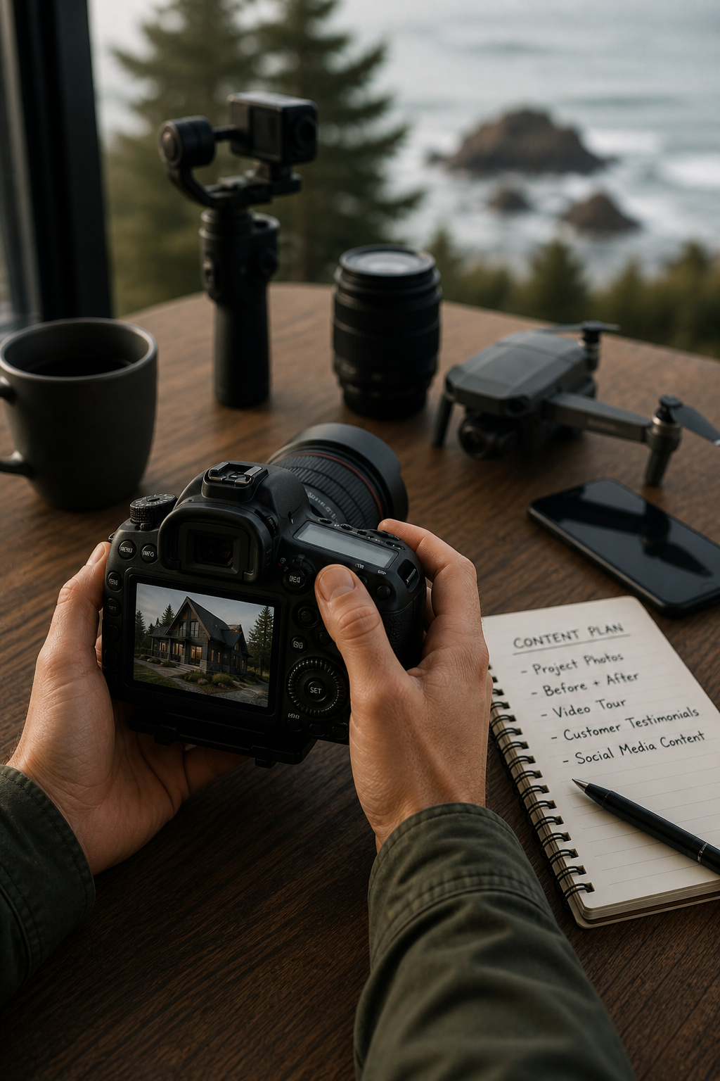 A person holding a DSLR camera capturing an image of a house on a computer screen. On a wooden table, there are items including a mug, a smartphone, a drone, a camera lens, a lens stabilization gimbal, and a notebook with a content plan for a photography project.