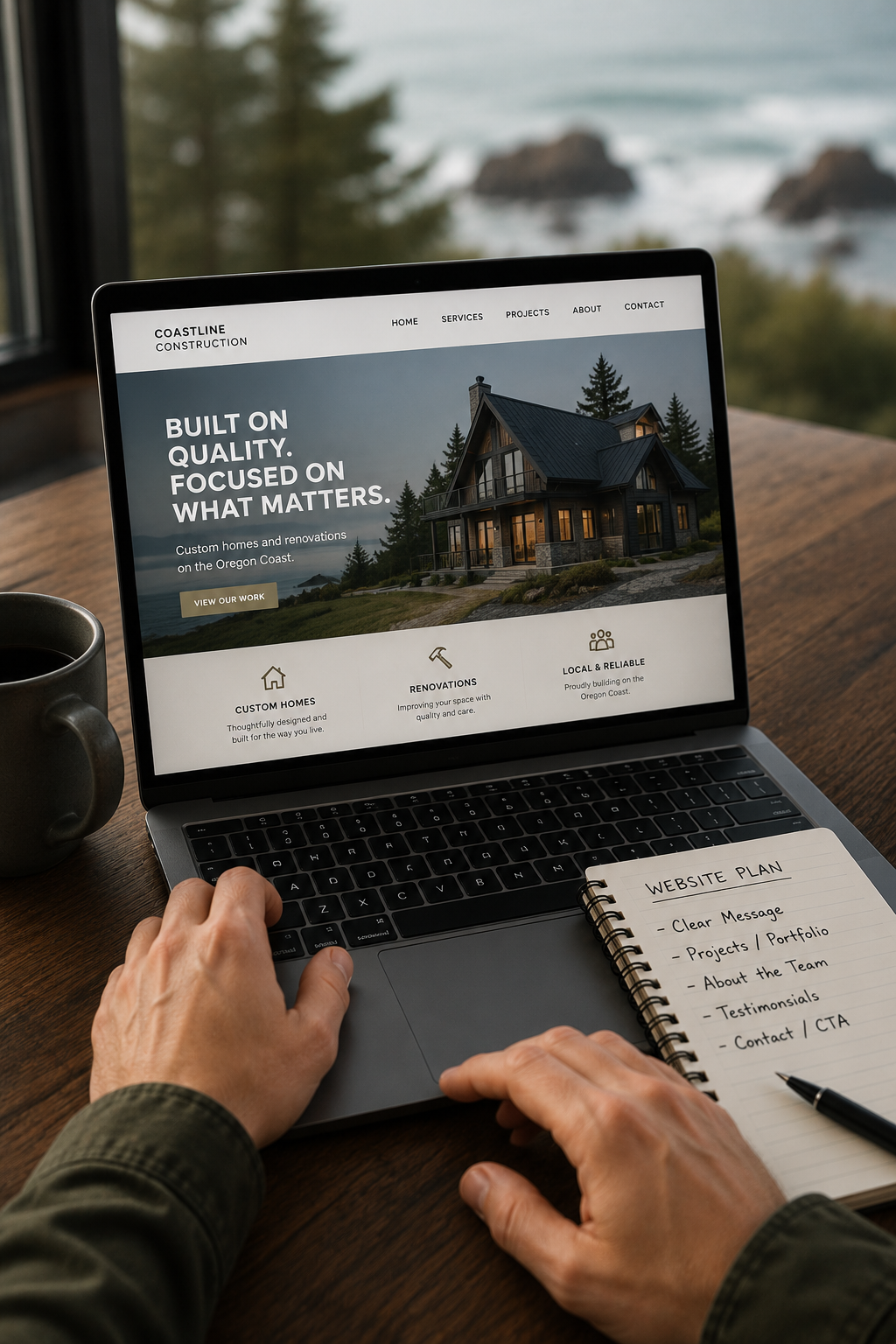 Person using a laptop with a construction website about custom homes and renovations on the Oregon Coast, and a notebook with an outlined website plan beside it on a wooden table, near a window overlooking a scenic, rocky coastline.