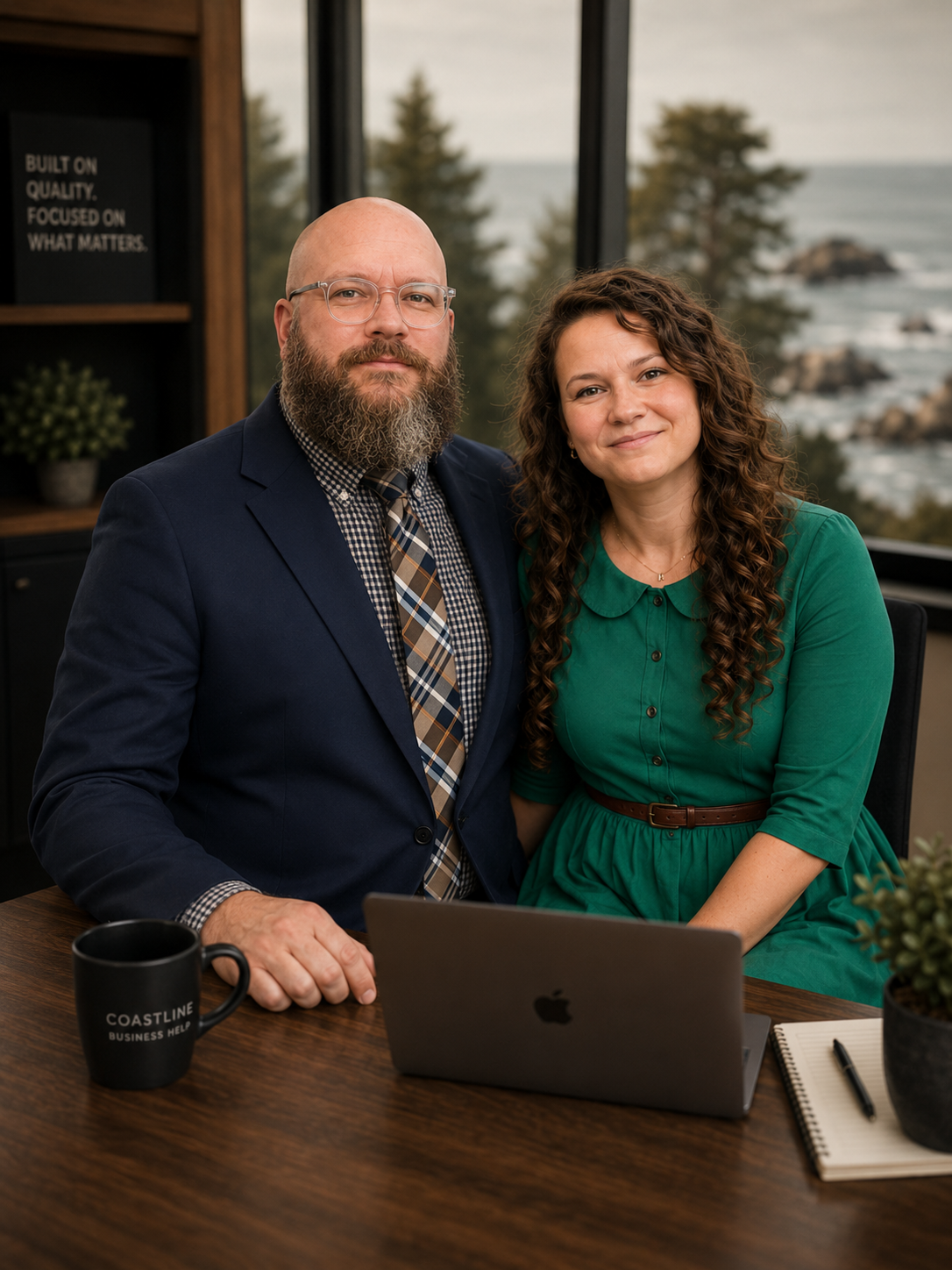 A man with a beard and glasses wearing a suit, and a woman with long curly hair wearing a green dress, sitting at a desk in front of a laptop, in an office with a large window overlooking trees and rocks by the sea.