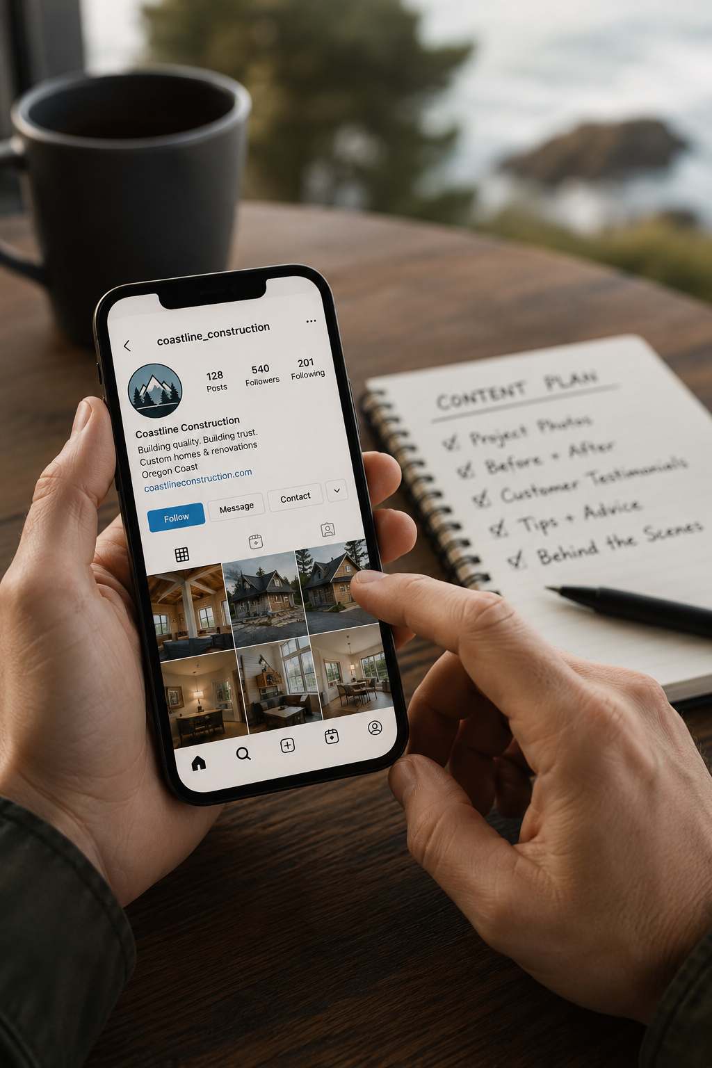 A person holding a smartphone displaying an Instagram profile of Coastline Construction, with photos of house interiors and exteriors. The phone is in front of a notebook that has a content plan, a pen, and a black coffee mug, with a blurred outdoor landscape in the background.