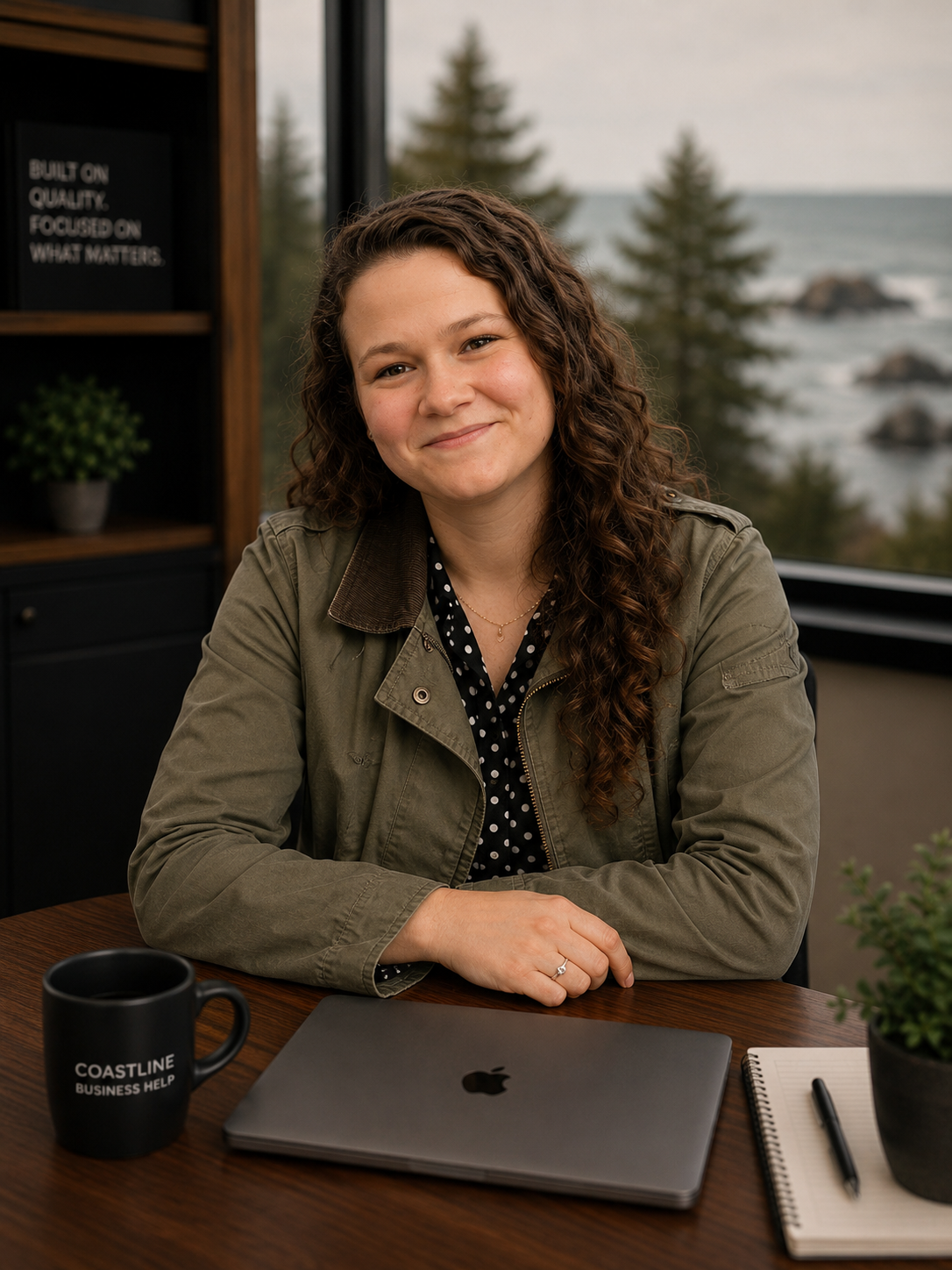A young woman with curly brown hair smiling at camera, sitting at a desk with a closed MacBook, a black coffee mug that says 'COASTLINE BUSINESS HELP,' a notepad, and a pen. In the background, there are trees and a view of the ocean.