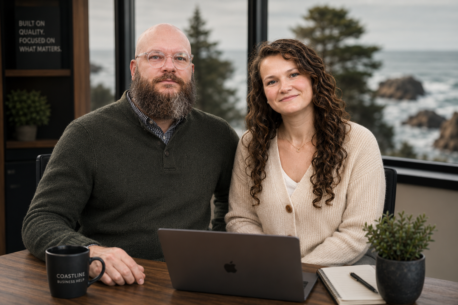 A man and a woman sitting at a desk with a laptop, a coffee mug, a notebook, and a pen in front of a window overlooking the ocean and trees.
