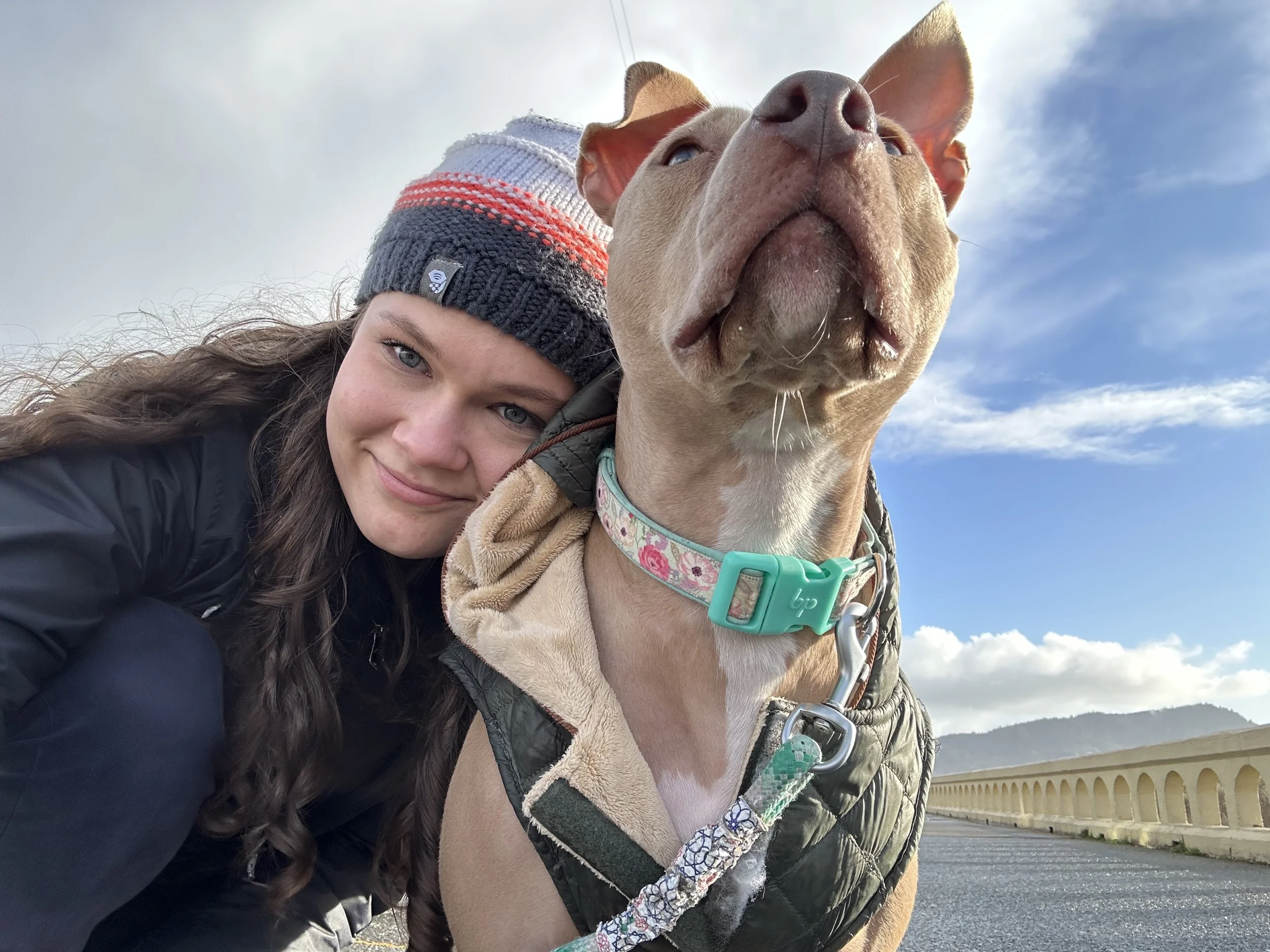 A young woman with long brown hair, wearing a gray knit cap with red, white, and black stripes, and a black jacket, smiling and taking a selfie with a tan dog with pointed ears, a pink floral collar, and a black harness outdoors, against a blue sky with some clouds and a bridge in the background.