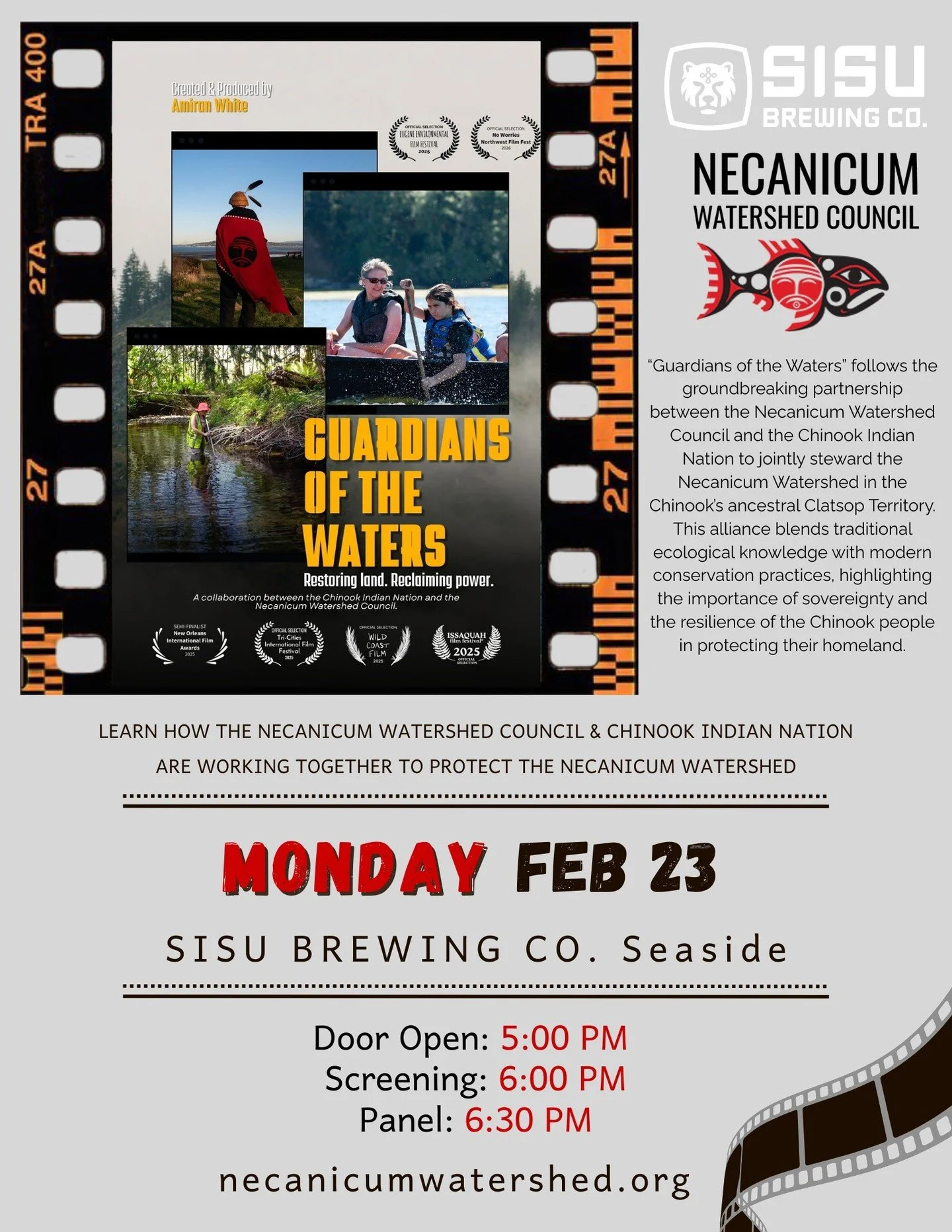 Please join us in Seaside for a free screening of the film "Guardians of the Waters" at @sisubeer Times Theatre and Public House this Monday, February 23! 

The short film created by Amiran White follows the partnership between NWC and @eve