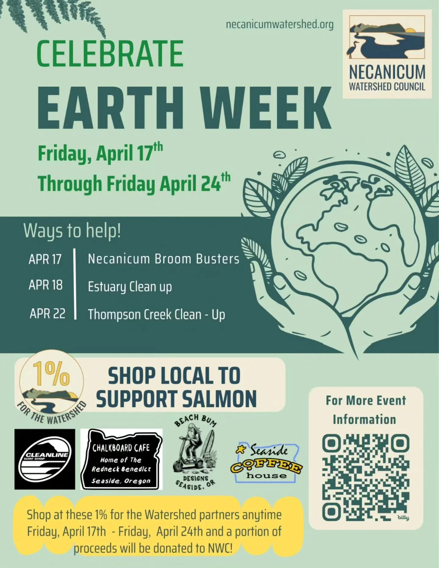 Help us celebrate Earth Week! From this Friday, April 17th through Friday, April 24th, you can help us celebrate by joining one of our volunteer events, or just by shopping local! Make a purchase at Cleanline Surf, Beach Bum Designs, or Chalkboard Ca