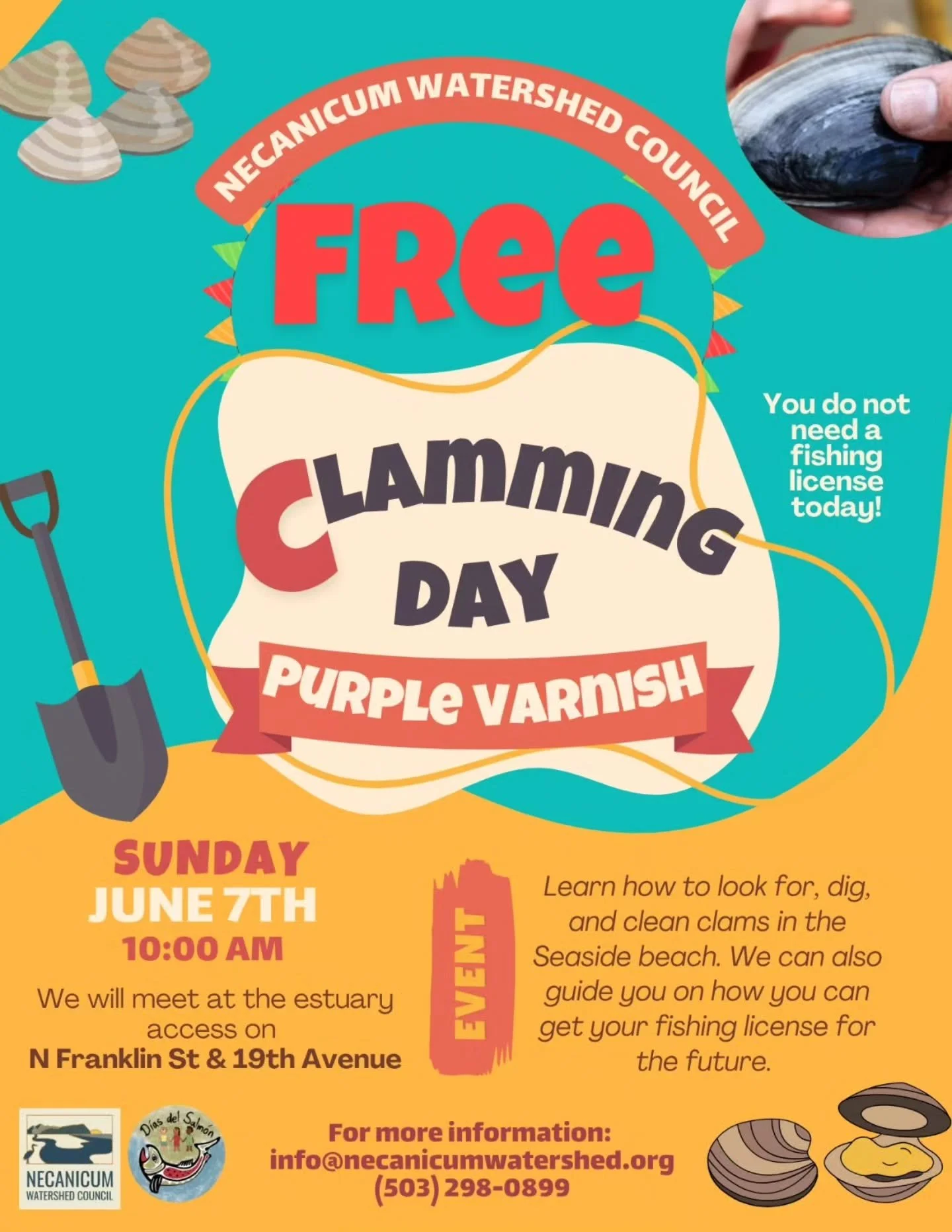 Join us at the Necanicum Estuary for a fun day of clamming during ODFW&rsquo;s Free Fishing Day! Anyone can fish, crab, and clam for free! No fishing licenses are required. Just bring clothes you don&rsquo;t mind getting a little dirty, appropriate s