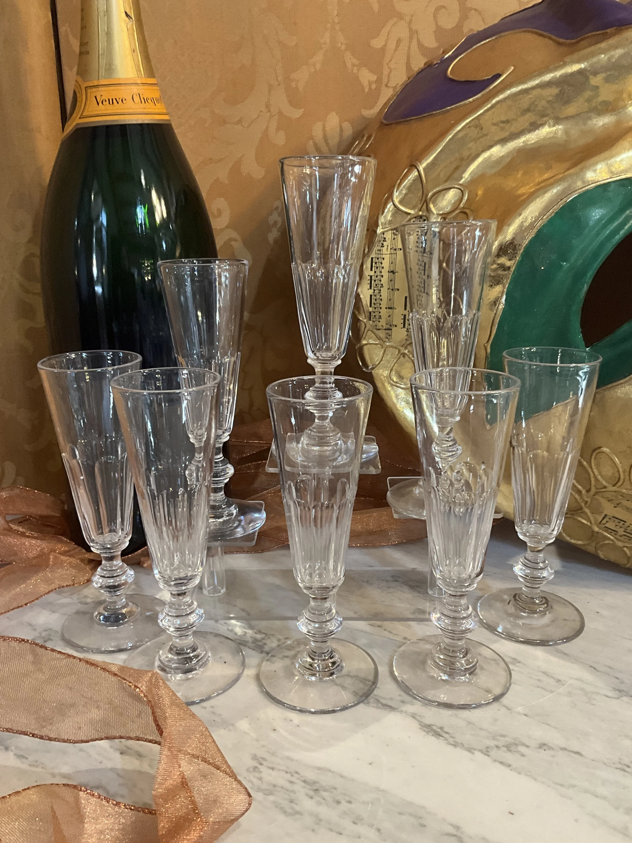 Lucullus Antiques French Antique 19th Century Crystal Flutes, Set of Eight
