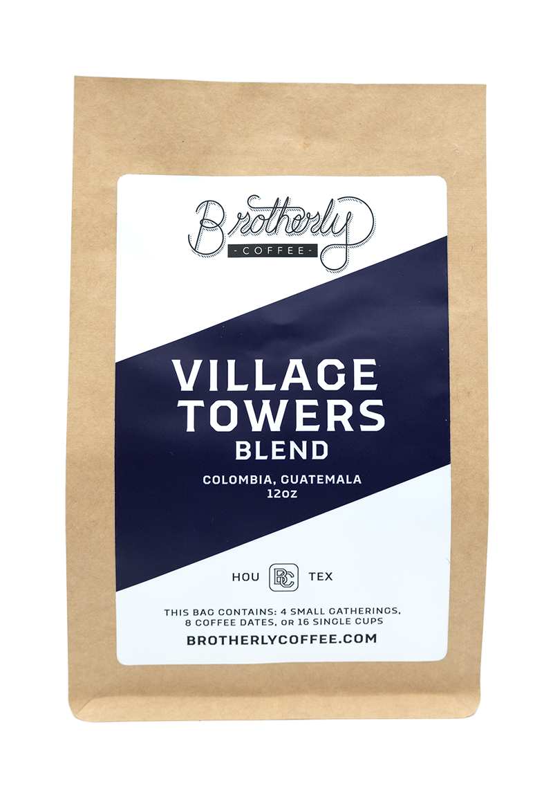 Whole bean coffee bag filled with 12 oz of specialty-grade blend of coffee beans. The bag is made of kraft paper and has a heat-sealed closure to preserve freshness.