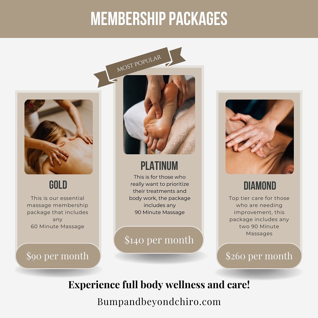 🌿✨ Elevate Your Wellness with Bump and Beyond Massage Memberships! ✨🌿

Discover the ultimate in relaxation and rejuvenation with our exclusive massage memberships tailored just for you! ✨🌺

🥇 Gold Membership: Treat yourself to a blissful 1-hour m