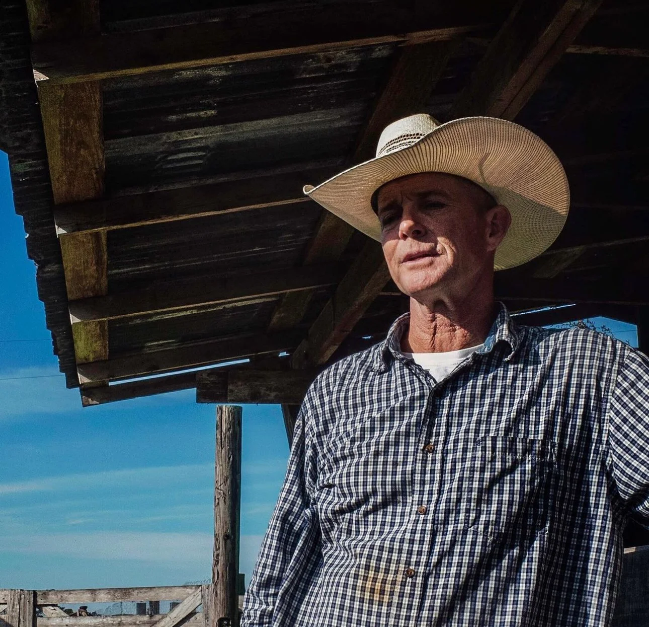 A man wearing a large cowboy hat and a checkered shirt stands outside near a wooden structure under a blue sky.