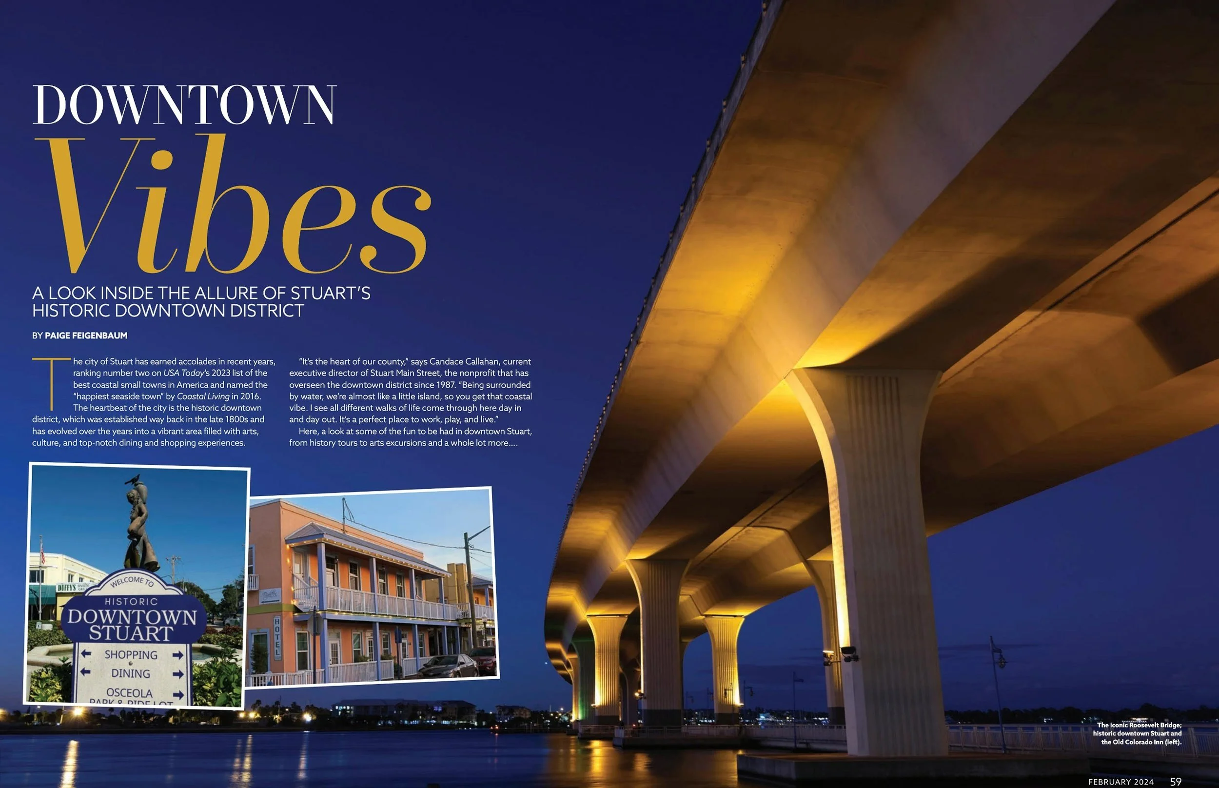 Nighttime view of a large bridge illuminated with lights, with water and cityscape in the background, part of a travel or tourism magazine article about downtown Stuart, Florida.