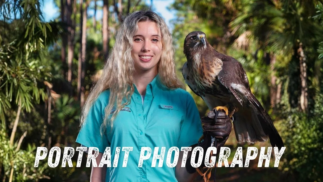A woman in a blue shirt holding a large bird of prey on her gloved hand in a lush forest.