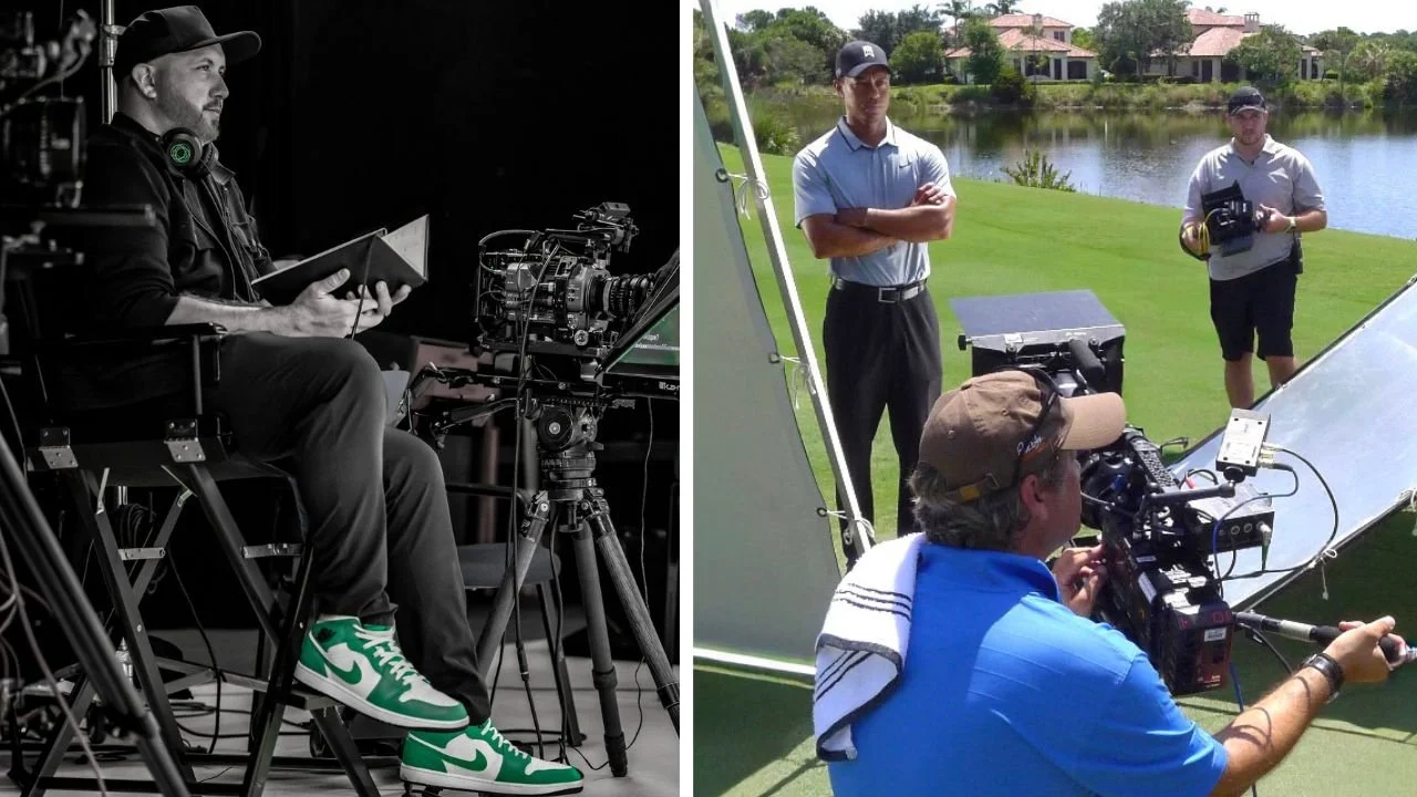 Side-by-side images: on the left, a man sitting on a director's chair in a black and white setting, operating a professional film camera, wearing black clothes, a black cap, and bright green Nike sneakers; on the right, a man filming with a large camera on a grassy area near a lake, with two men standing nearby, one with arms crossed, wearing casual golf clothes, and the other holding a small device, in front of waterfront houses.