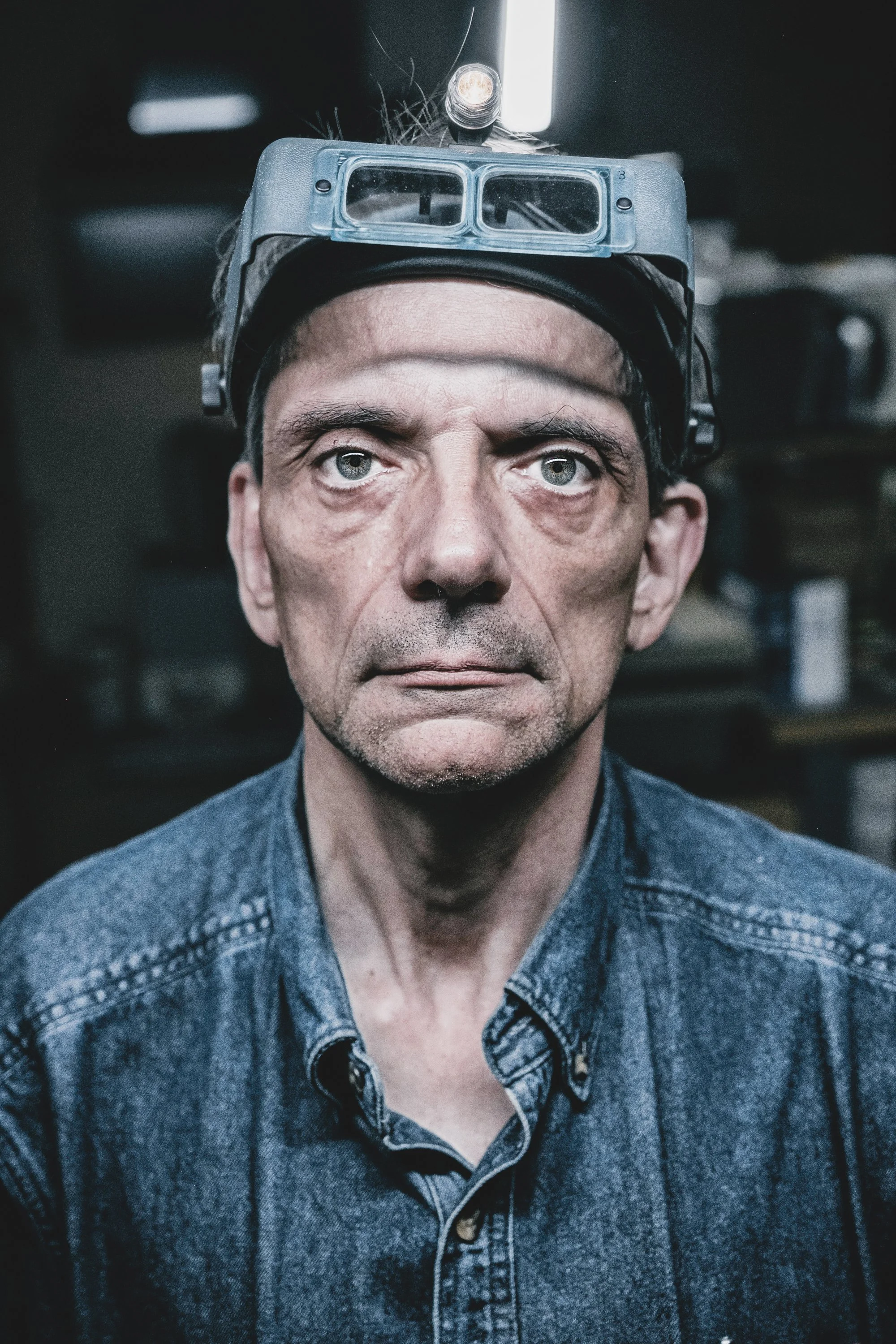 A man wearing a denim shirt and a headlamp with safety goggles, standing indoors with a neutral expression.