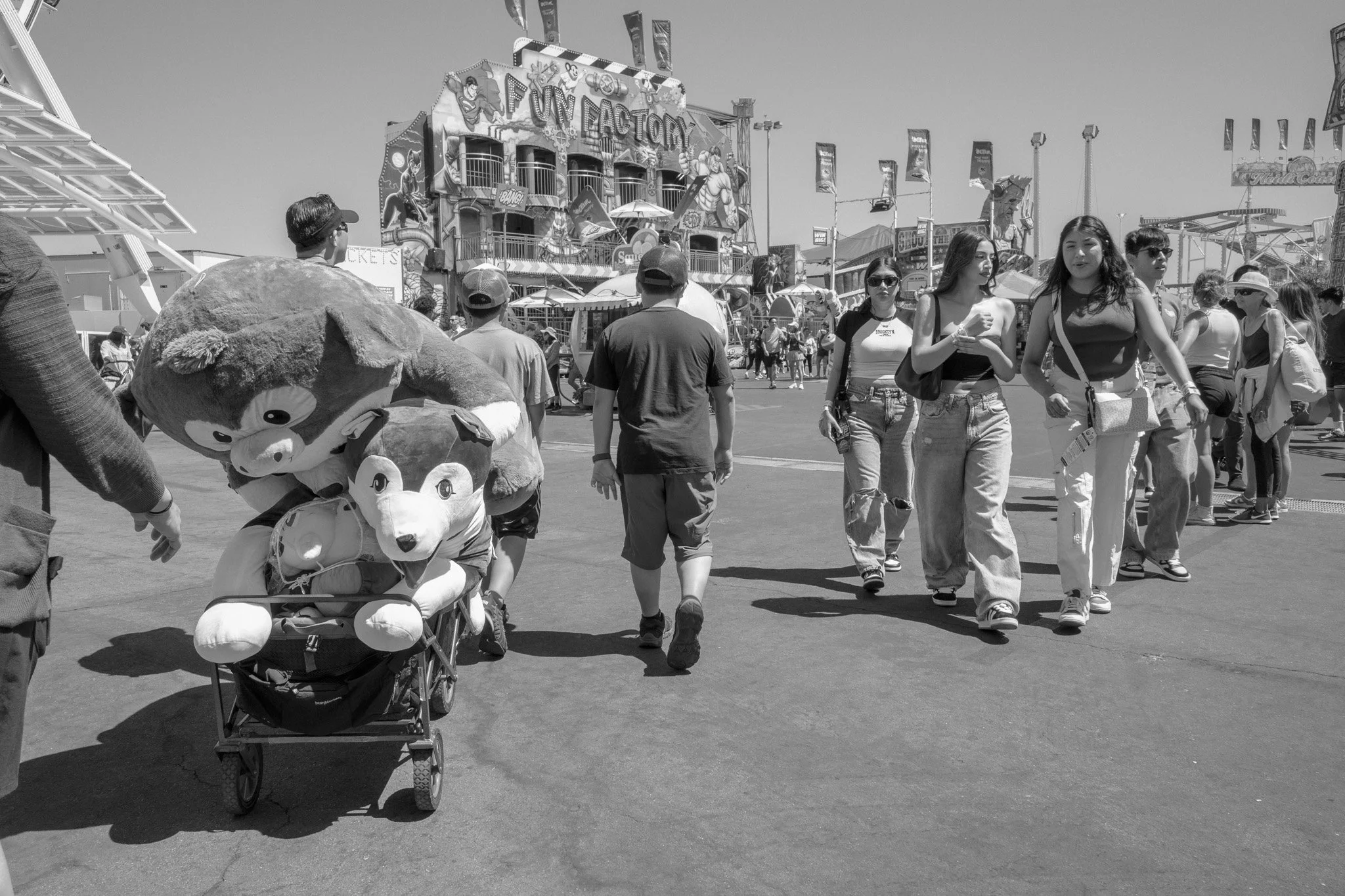 People walking at a busy fairground with amusement rides and game booths in the background. A person pushes a stroller with a dog mascot plush toy inside.