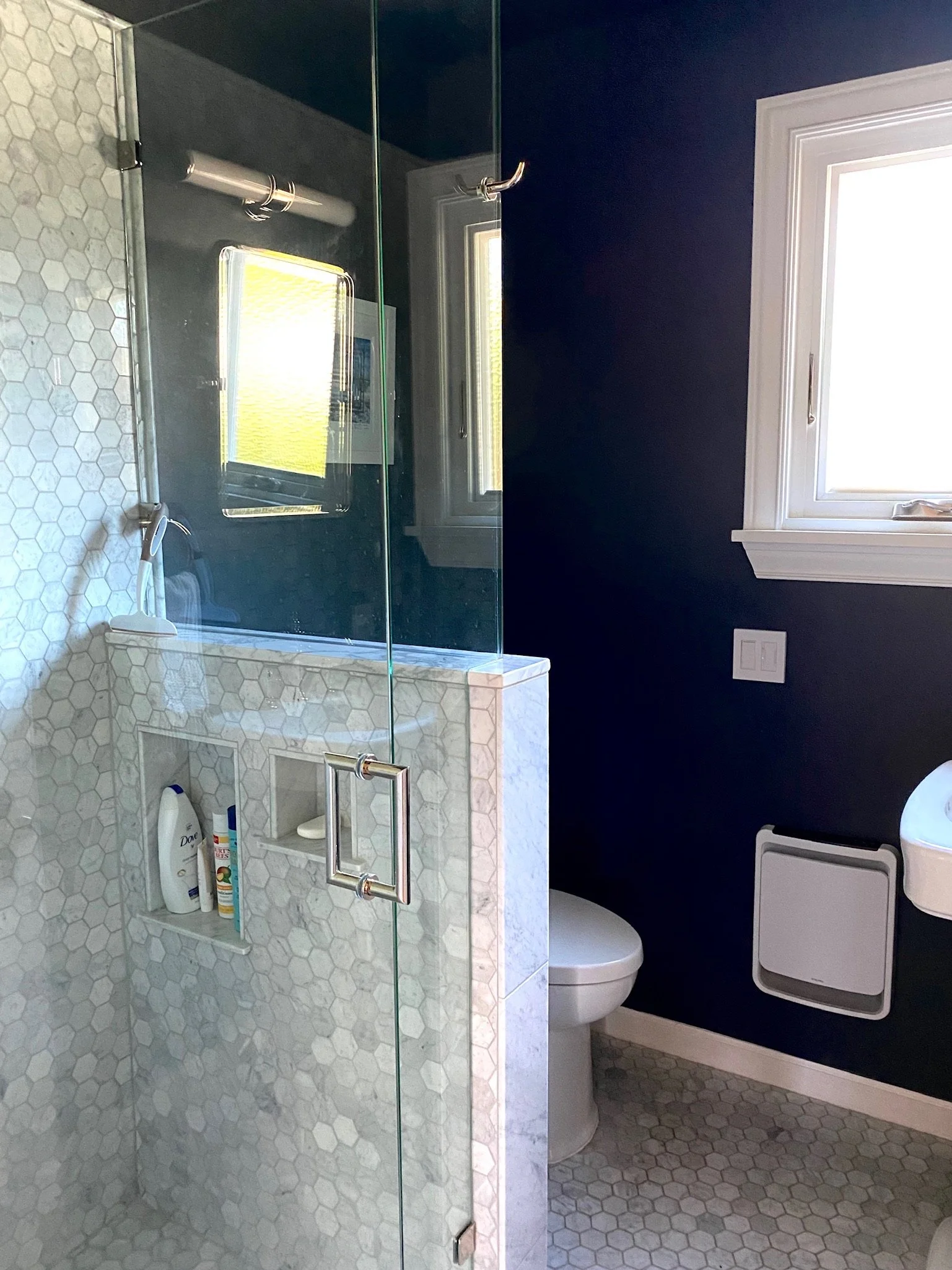 Bathroom with navy walls and glass-enclosed shower — Magnolia, Seattle full home remodel