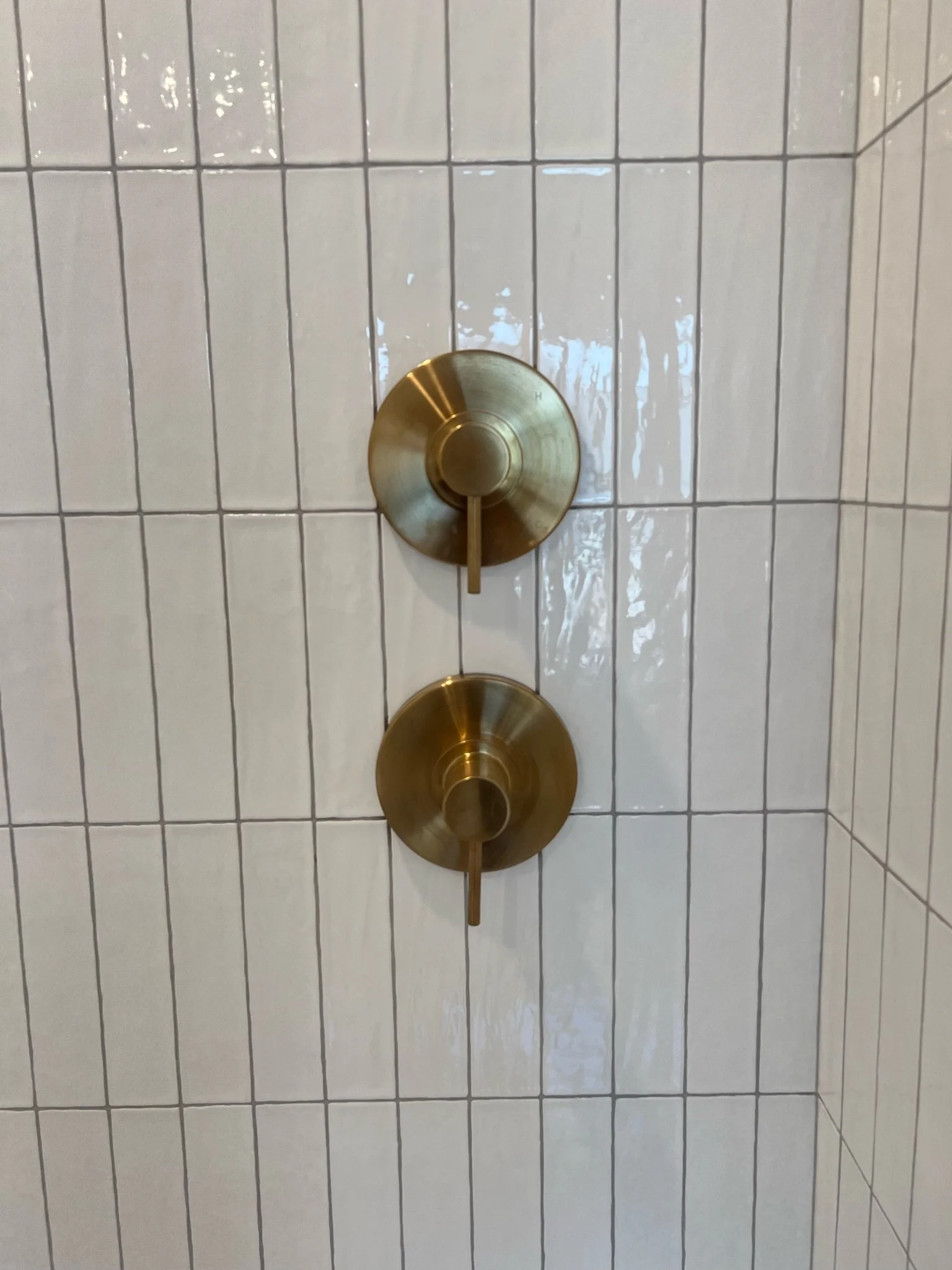 Detail of brass shower controls and handheld sprayer against white tile — Viewmont, Seattle primary bath remodel