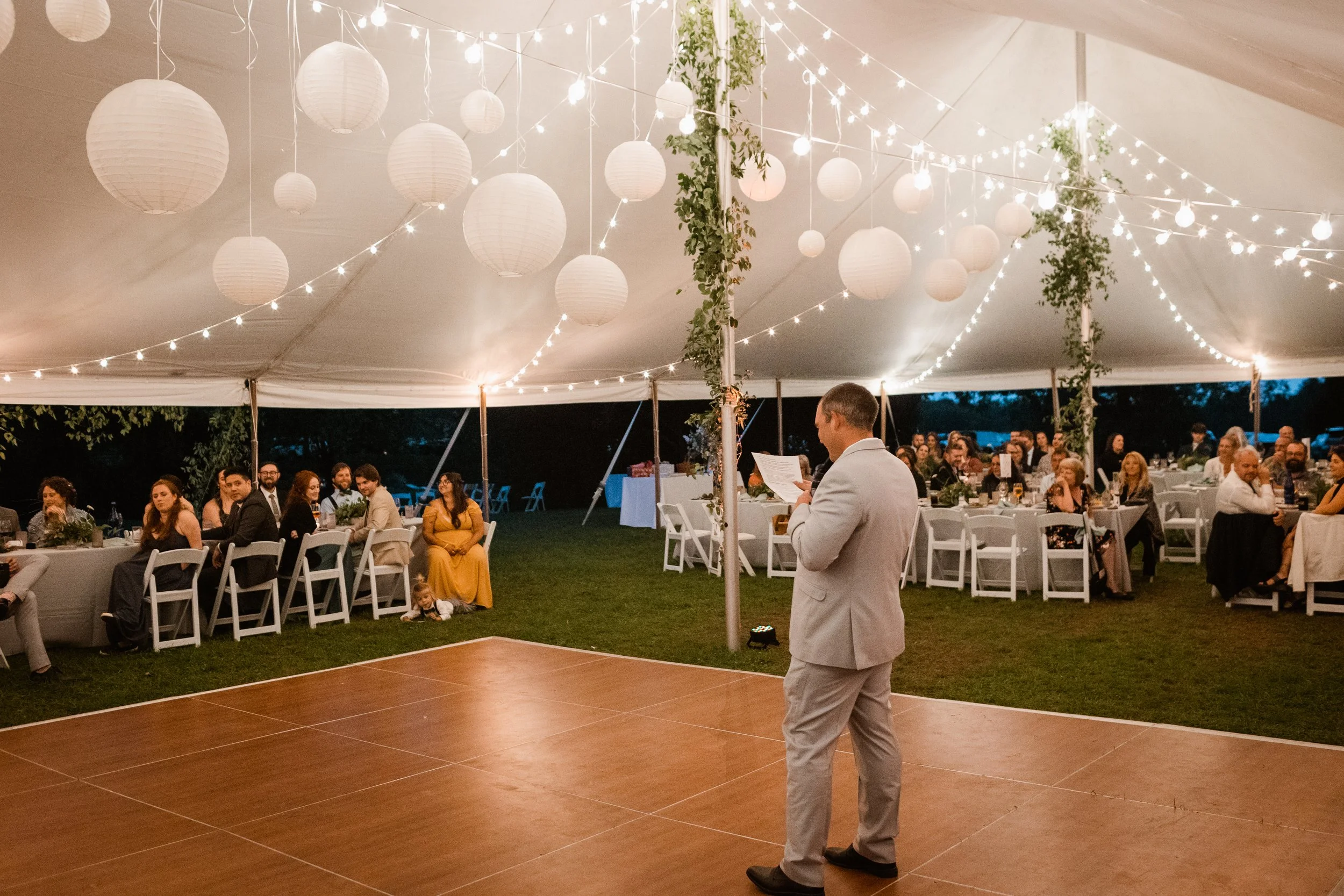 white paper lanterns, bistro lights, tent wedding