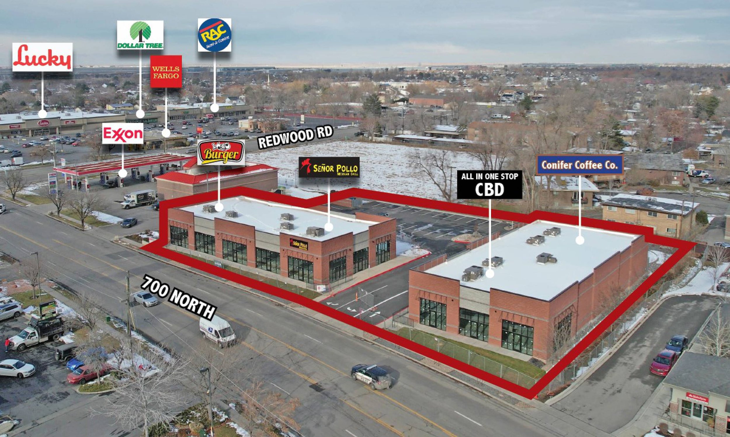 Aerial view of a  retail and dining development in Rose Park near Redwood Rd
