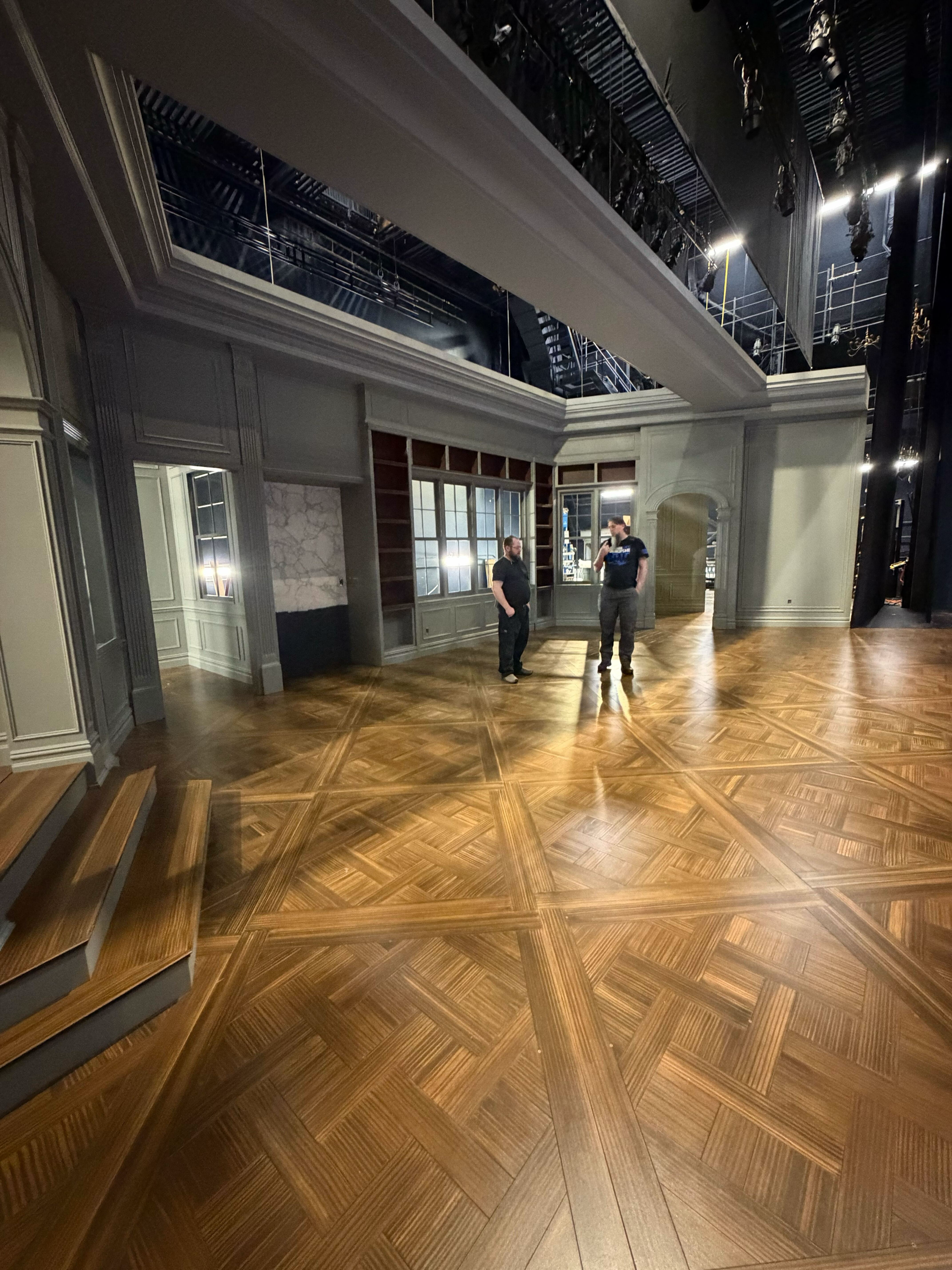 Faux Parquet Floor for Chicago Shakespeare Theatre production of "Fault" done by Majestic Scenic (2026) Charge Scenic: Jessica Holcombe