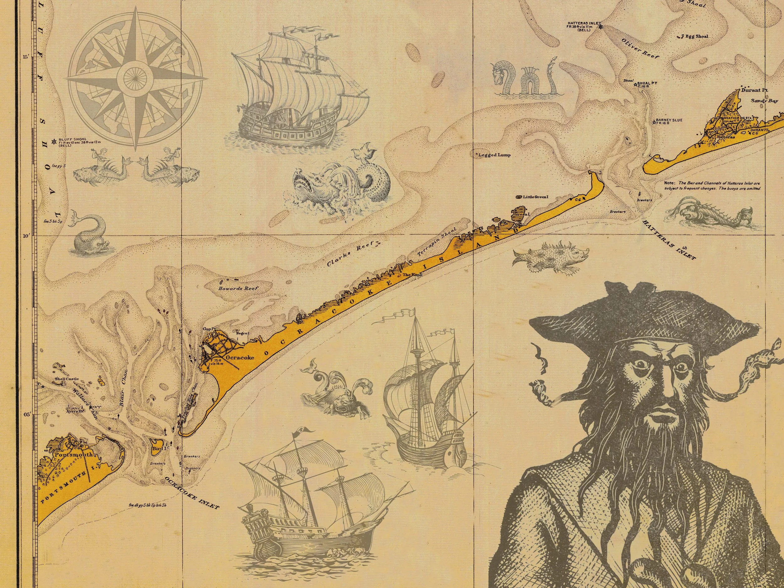Altered Historical Map of Ocracoke Island for OBX Pixels (2023)